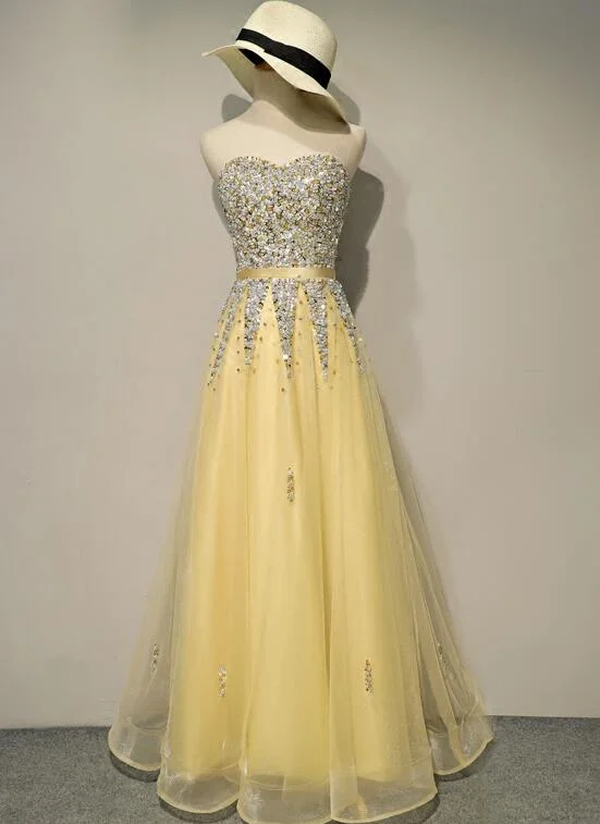 Light Yellow Sweetheart Sequins Tulle Long Prom Dress, New Party Dress Tunics Wedding white Light Yellow Sweetheart Sequins Tulle Long Prom Dress, New Party Dress Tunics Wedding white