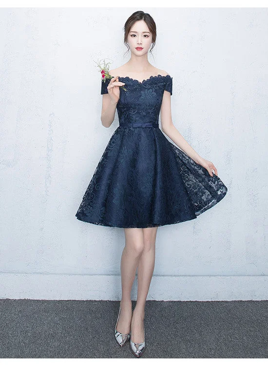 Lovely Blue Lace Short Party Dress, Lace Formal Dress Tunics stripes playful