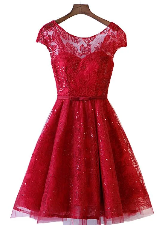 Lovely Dark Red Lace Cap Sleeves Short Party Dress, Wine Red Formal Dress Tunics Satin smooth Lovely Dark Red Lace Cap Sleeves Short Party Dress, Wine Red Formal Dress Tunics Satin smooth