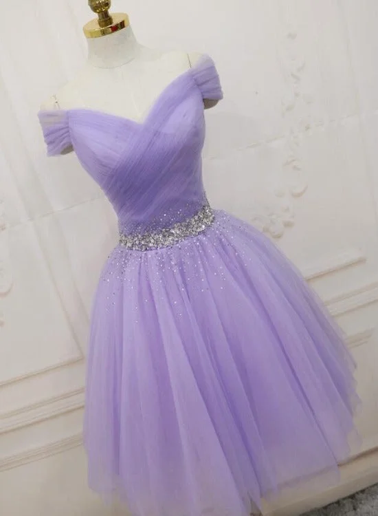 Lovely Light Purple Beaded Short Party Dress, Off Shoulder Homecoming Dress Bodycon Fitted Nightout