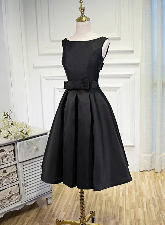 Lovely Simple Black Satin Knee Length Party Dress, Prom Dress Pleated Skirt Elegant