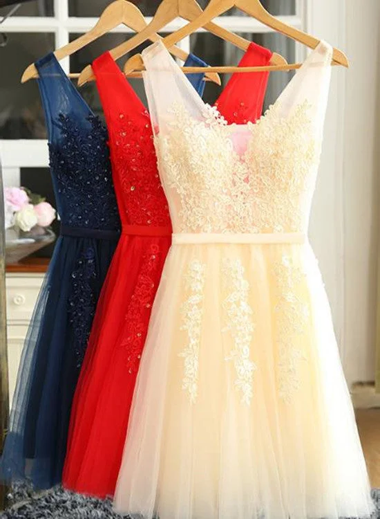 Lovely Tulle Lace Applique Beaded Party Dress, Short Prom Dress Square Neckline Feminine Lovely Tulle Lace Applique Beaded Party Dress, Short Prom Dress Square Neckline Feminine