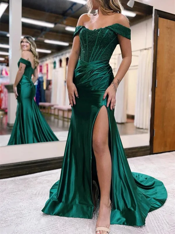 Mermaid Green/Blue Satin Lace Long Prom Dress, Off Shoulder Formal Evening Dress Tunics Mesh breathable Mermaid Green/Blue Satin Lace Long Prom Dress, Off Shoulder Formal Evening Dress Tunics Mesh breathable