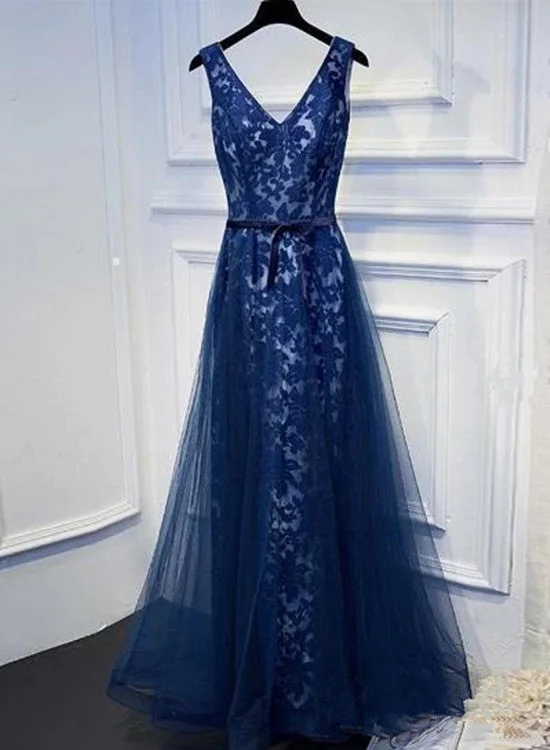 Navy Blue Lace Long V-neckline Prom Dress, A-line Party Dress Tunics Stylish elegant Navy Blue Lace Long V-neckline Prom Dress, A-line Party Dress Tunics Stylish elegant