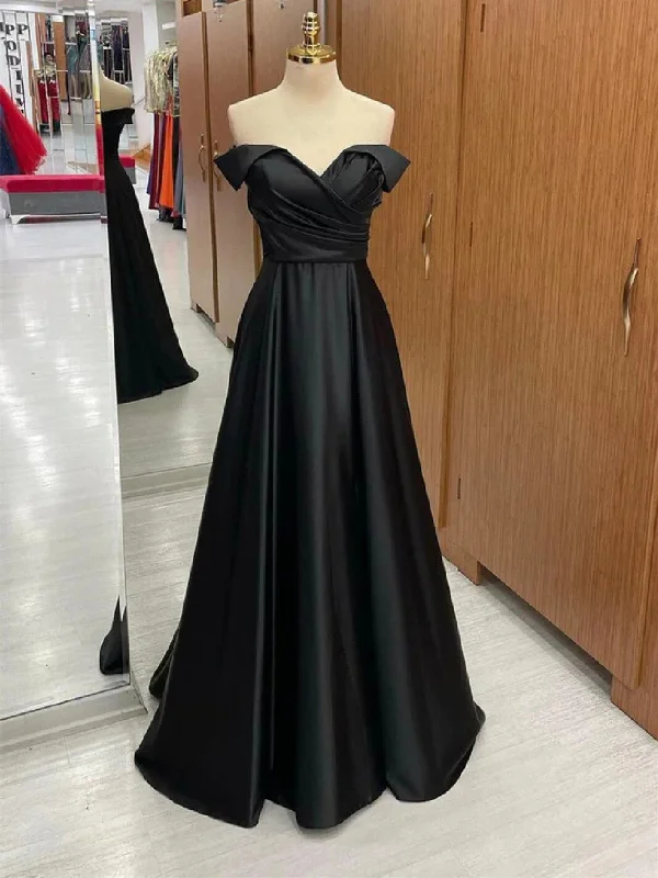 Off Shoulder Black Satin Long Prom Dress, Long Black Formal Graduation Evening Dress Tunics Modern contemporary Off Shoulder Black Satin Long Prom Dress, Long Black Formal Graduation Evening Dress Tunics Modern contemporary