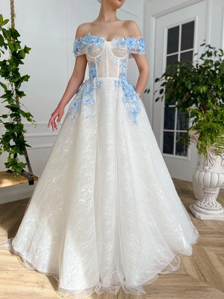 Off Shoulder White Long Prom Dresses with Flowers, Off The Shoulder White Formal Evening Dresses Tunics Polka dots Off Shoulder White Long Prom Dresses with Flowers, Off The Shoulder White Formal Evening Dresses Tunics Polka dots