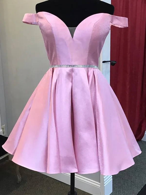 Off the Shoulder Pink Satin Short Prom Homecoming Dress with Belt, Off Shoulder Pink Formal Graduation Evening Dresses Tunics Gym athletic Off the Shoulder Pink Satin Short Prom Homecoming Dress with Belt, Off Shoulder Pink Formal Graduation Evening Dresses Tunics Gym athletic