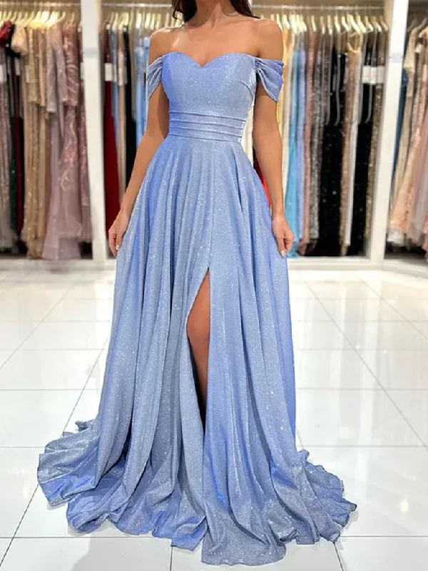 Off the Shoulder Shiny Blue Long Prom Dresses, Shiny Off Shoulder Long Formal Evening Dresses Tunics Short Trendy