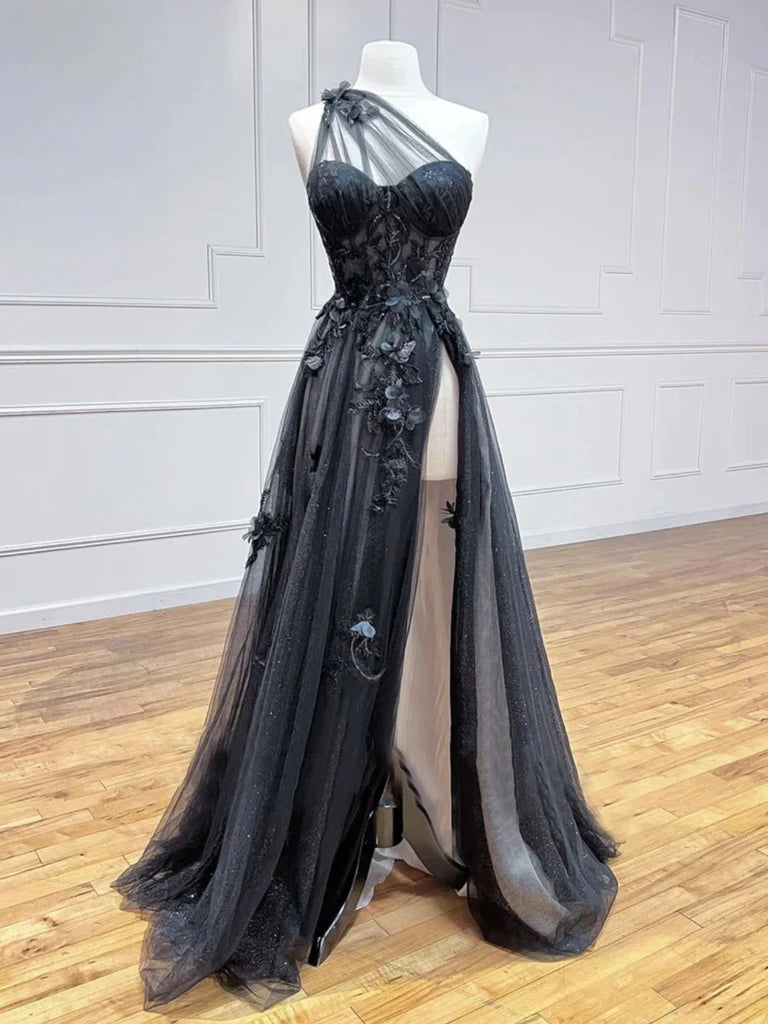One Shoulder Black Lace Floral Long Prom Dresses with High Slit, One Shoulder Black Formal Dresses with 3D Flowers, Black Evening Dresses Tunics Cozy soft One Shoulder Black Lace Floral Long Prom Dresses with High Slit, One Shoulder Black Formal Dresses with 3D Flowers, Black Evening Dresses Tunics Cozy soft