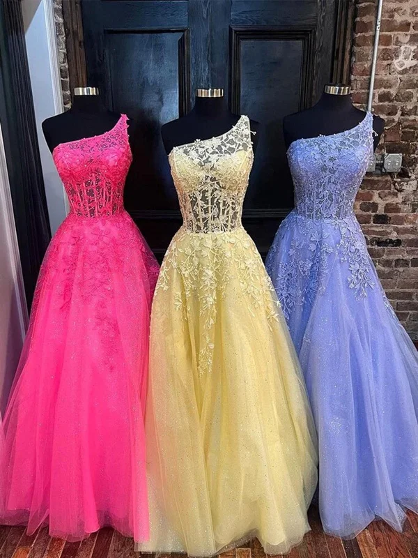 One Shoulder Hot Pink/Yellow/Lilac Lace Long Prom Dresses, Hot Pink/Yellow/Purple Lace Formal Evening Dresses Tunics Fall fleece