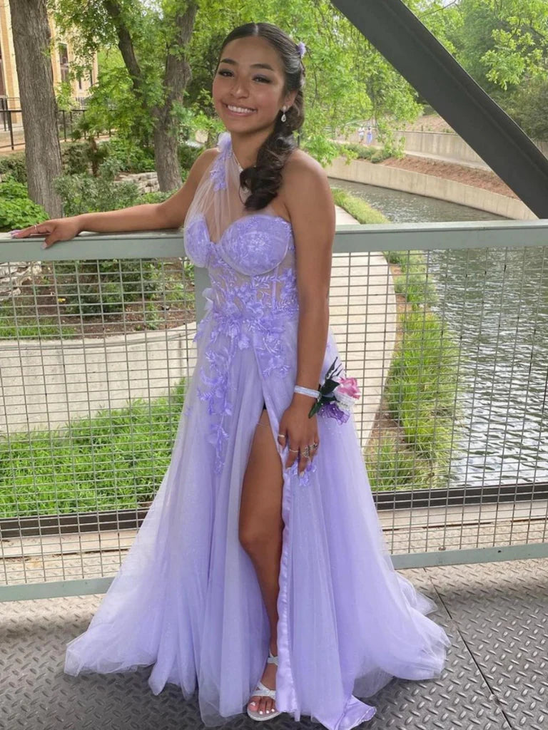 One Shoulder Purple Lace Floral Long Prom Dresses with High Slit, One Shoulder Lilac Formal Dresses with 3D Flowers, Purple Evening Dresses Sequined Elegant Party One Shoulder Purple Lace Floral Long Prom Dresses with High Slit, One Shoulder Lilac Formal Dresses with 3D Flowers, Purple Evening Dresses Sequined Elegant Party