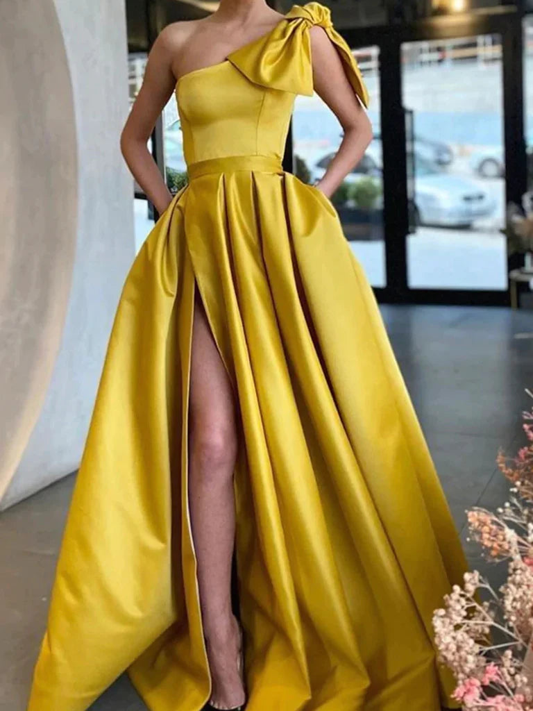 One Shoulder Yellow Satin Long Prom Dresses, One Shoulder Yellow Satin Long Formal Evening Dresses Tunics Cozy comfortable One Shoulder Yellow Satin Long Prom Dresses, One Shoulder Yellow Satin Long Formal Evening Dresses Tunics Cozy comfortable