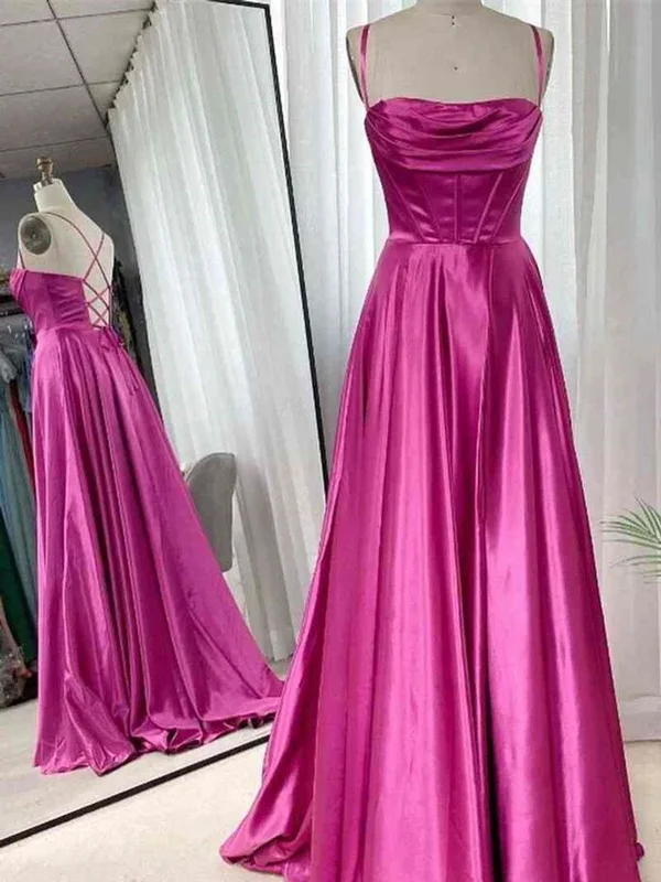 Open Back Fuchsia Satin Ruched Long Prom Dress, Long Fuchsia Formal Graduation Evening Dress Tunics Solid Classic Open Back Fuchsia Satin Ruched Long Prom Dress, Long Fuchsia Formal Graduation Evening Dress Tunics Solid Classic