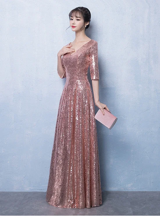 Peach Pink Sequins V-neckline Long Party Dress, Pink Bridesmaid Dress Tunics Lace romantic Peach Pink Sequins V-neckline Long Party Dress, Pink Bridesmaid Dress Tunics Lace romantic