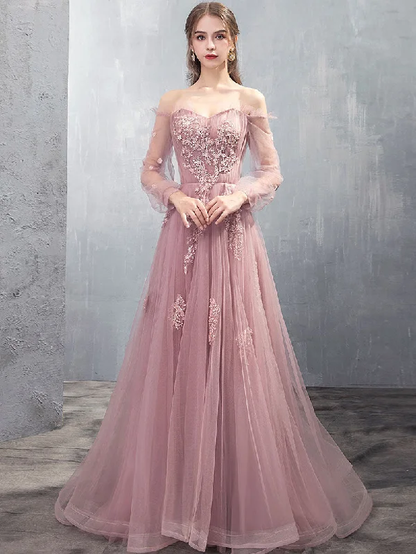 Pink A-line Tulle Lace Long Prom Dress Pink Lace Evening Dress A-Line Day Work