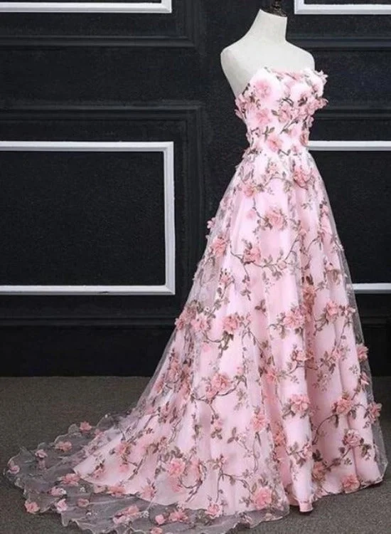 Pink Floral Lace Sweetheart Long Party Dress, A-line wedding Party Dress Tunics Long Elegant