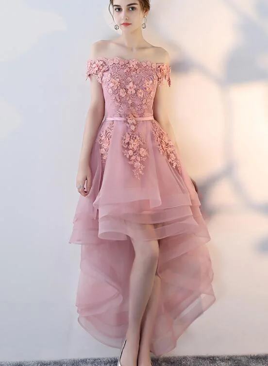 Pink High Low Tulle Off Shoulder Party Dress, Pink Homecoming Dress Tunics Satin smooth Pink High Low Tulle Off Shoulder Party Dress, Pink Homecoming Dress Tunics Satin smooth
