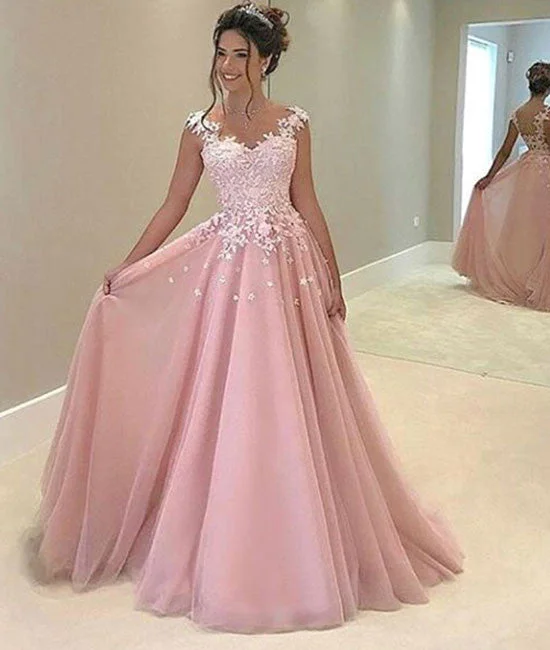 Cute Pink chiffon lace prom dress, pink evening dress Tunics Top Casual