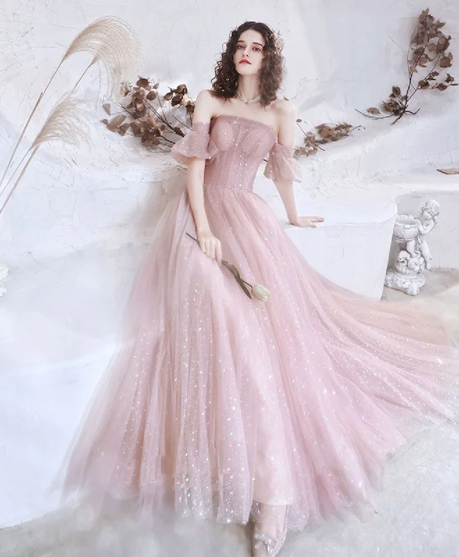 Pink Aline Tulle Long Prom Dress, Pink Formal Evening Party Dress Tunics Seasonal trendy Pink Aline Tulle Long Prom Dress, Pink Formal Evening Party Dress Tunics Seasonal trendy