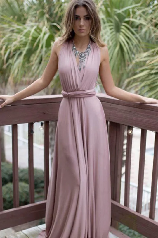 Pink V Neck Sweep Train A Line Backless Party Dresses Bridesmaid Dresses Tunics Stylish elegant