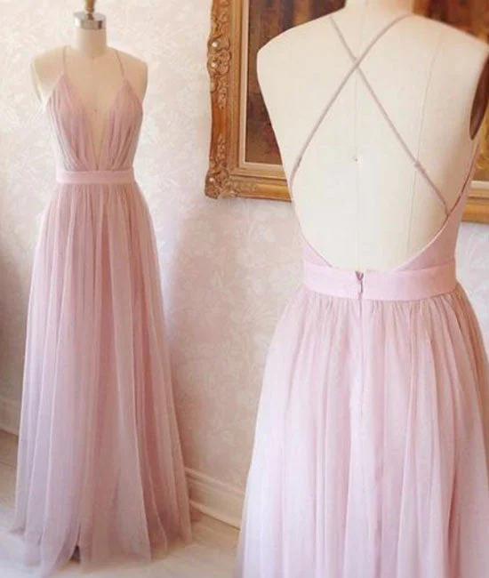 Pink v neck tulle long prom dress, evening dress Tunics Cozy comfortable