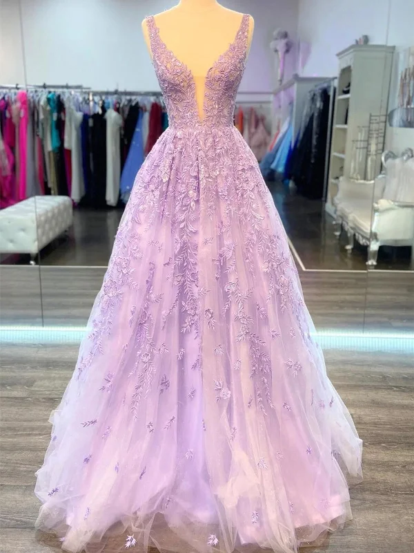 Purple V Neck Lace Long Prom Dress, Purple A Line Formal Evening Dress Tunics Sophisticated sleek Purple V Neck Lace Long Prom Dress, Purple A Line Formal Evening Dress Tunics Sophisticated sleek