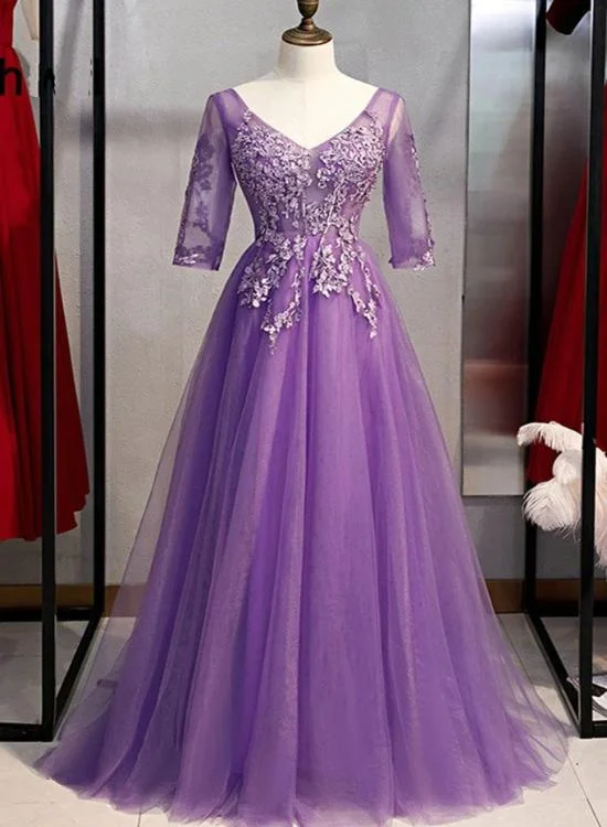 Purple V Neck Tulle Long Party Dress with Sleeves, Prom Dress Tunics Business professional Purple V Neck Tulle Long Party Dress with Sleeves, Prom Dress Tunics Business professional