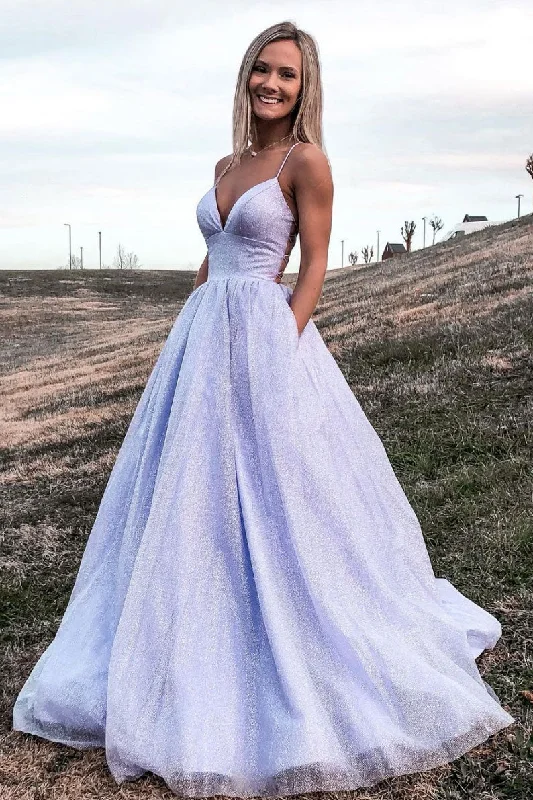 Purple v neck tulle long prom dress, light purple evening dress empire Waist empire