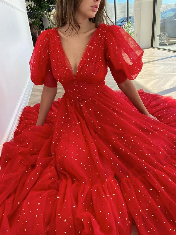 Red V Neck Tulle Tea Length Prom Dress, Red Evening Dress Tunics Designer luxury
