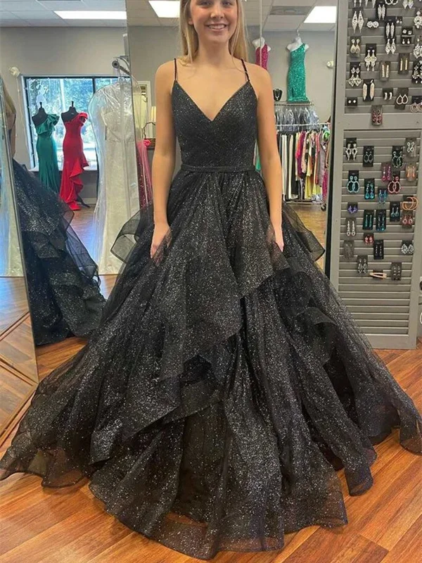 Shiny V Neck Layered Black Tulle Long Prom Dress, Black Formal Evening Dress, Black V Neck Ball Gown Tunics Essential wardrobe Shiny V Neck Layered Black Tulle Long Prom Dress, Black Formal Evening Dress, Black V Neck Ball Gown Tunics Essential wardrobe