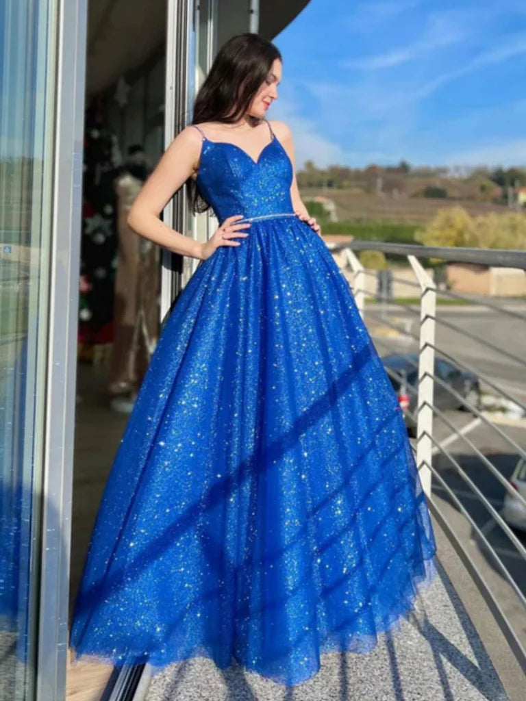 Shiny V Neck Open Back Blue Tulle Long Prom Dresses, Blue Tulle Formal Dresses, Blue Evening Dresses Crew Neckline Casual Shiny V Neck Open Back Blue Tulle Long Prom Dresses, Blue Tulle Formal Dresses, Blue Evening Dresses Crew Neckline Casual