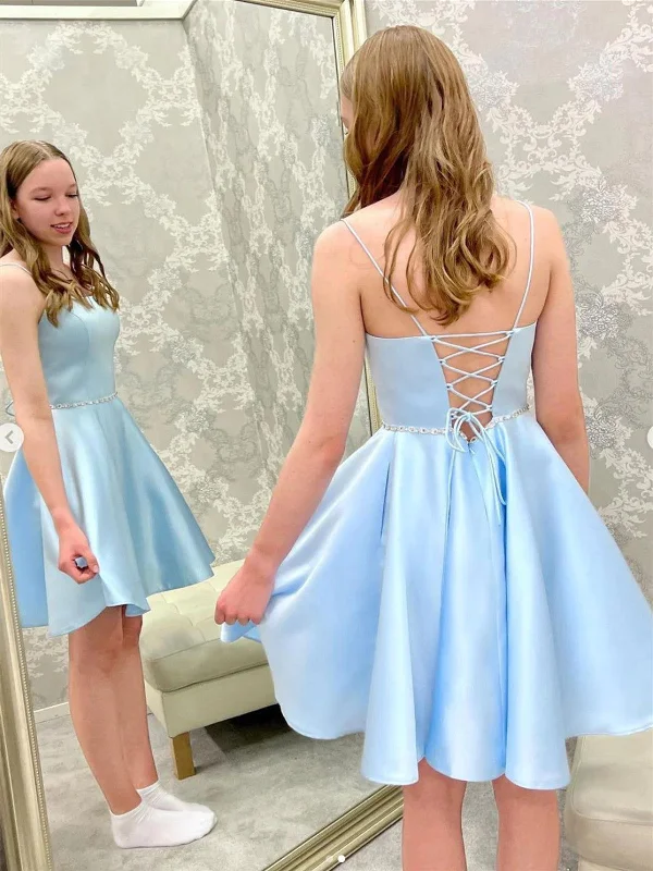 Simple A Line Blue Satin Backless Beads Short Prom Dresses, Short Blue Satin Formal Evening Dresses Tunics Essential wardrobe Simple A Line Blue Satin Backless Beads Short Prom Dresses, Short Blue Satin Formal Evening Dresses Tunics Essential wardrobe