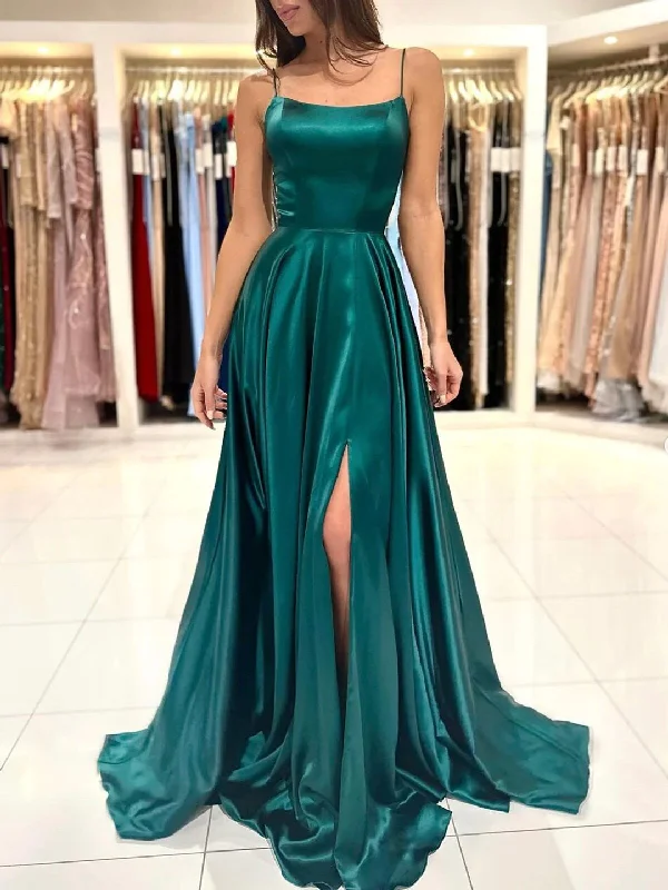 Simple A Line Dark Green Backless Satin Long Prom Dresses, Open Back Dark Green Long Formal Evening Dresses Tunics Versatile stylish Simple A Line Dark Green Backless Satin Long Prom Dresses, Open Back Dark Green Long Formal Evening Dresses Tunics Versatile stylish