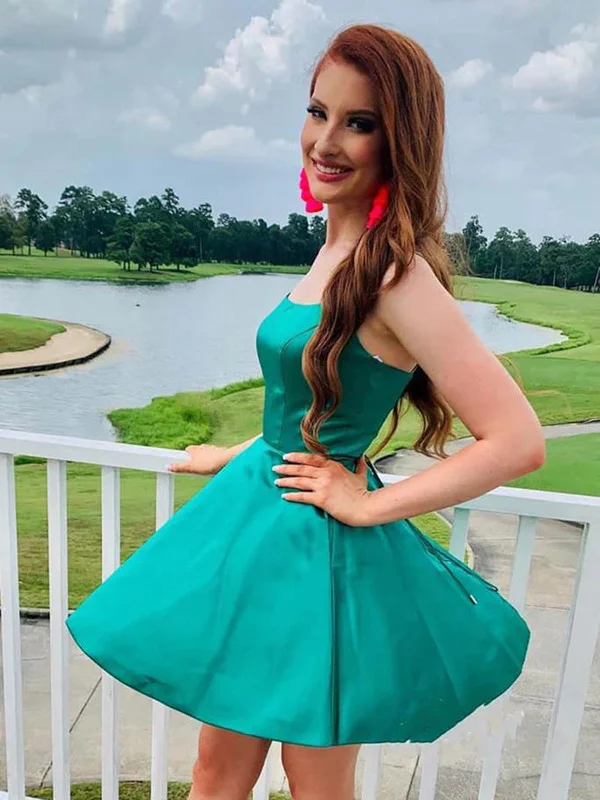 Simple A Line Spaghetti Straps Green Satin Short Prom Homecoming Dress, Short Green Formal Graduation Evening Dress Tunics Bridal satin Simple A Line Spaghetti Straps Green Satin Short Prom Homecoming Dress, Short Green Formal Graduation Evening Dress Tunics Bridal satin
