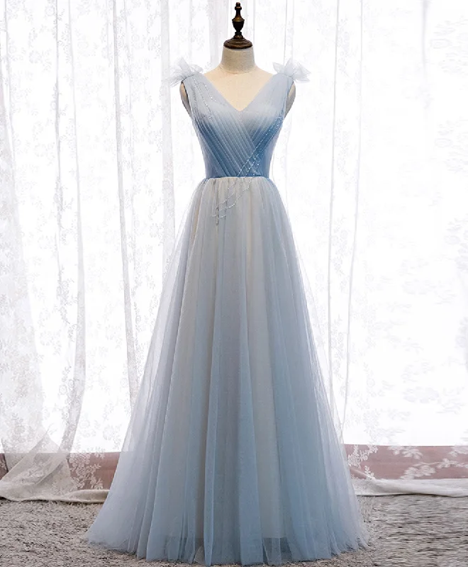 Simple Blue V Neck Tulle Long Prom Dress, Blue Formal Party Dresses Halter Neckline Beach Simple Blue V Neck Tulle Long Prom Dress, Blue Formal Party Dresses Halter Neckline Beach