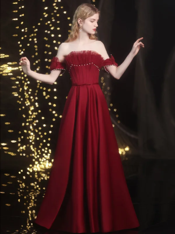 Simple Burgundy Off Shoulder Satin Long Prom Dress, Burgundy Evening Dress Tunics Timeless classic Simple Burgundy Off Shoulder Satin Long Prom Dress, Burgundy Evening Dress Tunics Timeless classic
