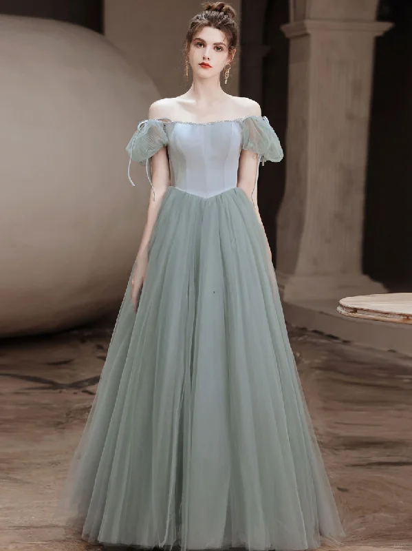Simple Gray Green Tulle Long Prom Dress, Gray Green Evening Dress Tunics Gym athletic Simple Gray Green Tulle Long Prom Dress, Gray Green Evening Dress Tunics Gym athletic