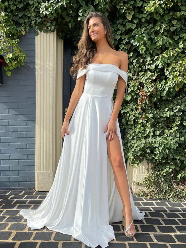 Simple Off Shoulder White Satin Long Prom Dresses with High Slit, Off the Shoulder White Formal Graduation Evening Dresses Tunics Trousers formal Simple Off Shoulder White Satin Long Prom Dresses with High Slit, Off the Shoulder White Formal Graduation Evening Dresses Tunics Trousers formal