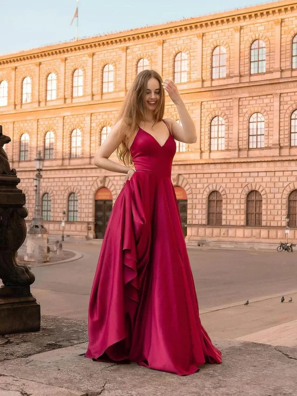 Simple V Neck Burgundy Satin Long Prom Dresses, Simple V Neck Burgundy Satin Long Formal Evening Dresses Tunics Trendy modern Simple V Neck Burgundy Satin Long Prom Dresses, Simple V Neck Burgundy Satin Long Formal Evening Dresses Tunics Trendy modern