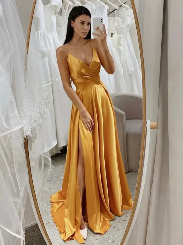 Simple V Neck Yellow Satin Long Prom Dresses, Simple V Neck Yellow Satin Long Formal Evening Dresses Crew Neckline Sporty Simple V Neck Yellow Satin Long Prom Dresses, Simple V Neck Yellow Satin Long Formal Evening Dresses Crew Neckline Sporty