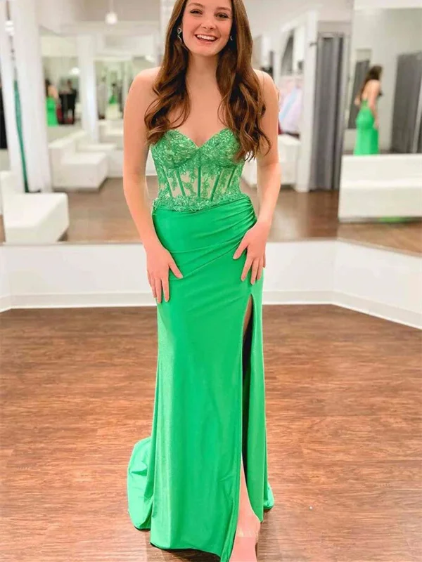 Strapless Mermaid Green Lace Long Prom Dress with High Slit, Mermaid Green Formal Dress, Green Lace Evening Dress Tunics Office stylish Strapless Mermaid Green Lace Long Prom Dress with High Slit, Mermaid Green Formal Dress, Green Lace Evening Dress Tunics Office stylish