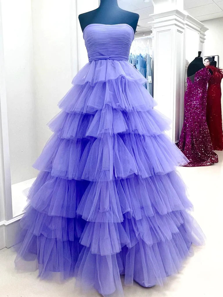 Strapless Purple Tulle Layered Long Prom Dresses, Purple Long Tulle Formal Evening Dresses Turtleneck Warm Winter Strapless Purple Tulle Layered Long Prom Dresses, Purple Long Tulle Formal Evening Dresses Turtleneck Warm Winter