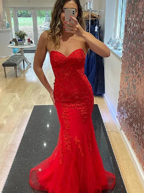Strapless Red Mermaid Lace Long Prom Dresses, Red Mermaid Lace Formal Evening Dresses Tunics Trousers formal Strapless Red Mermaid Lace Long Prom Dresses, Red Mermaid Lace Formal Evening Dresses Tunics Trousers formal