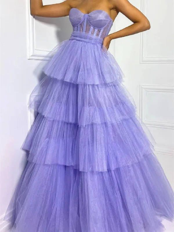 Sweetheart Neck Layered Purple Tulle Long Prom Dresses, Lavender Formal Dresses, Lilac Evening Dresses Shift Classic Vintage Sweetheart Neck Layered Purple Tulle Long Prom Dresses, Lavender Formal Dresses, Lilac Evening Dresses Shift Classic Vintage