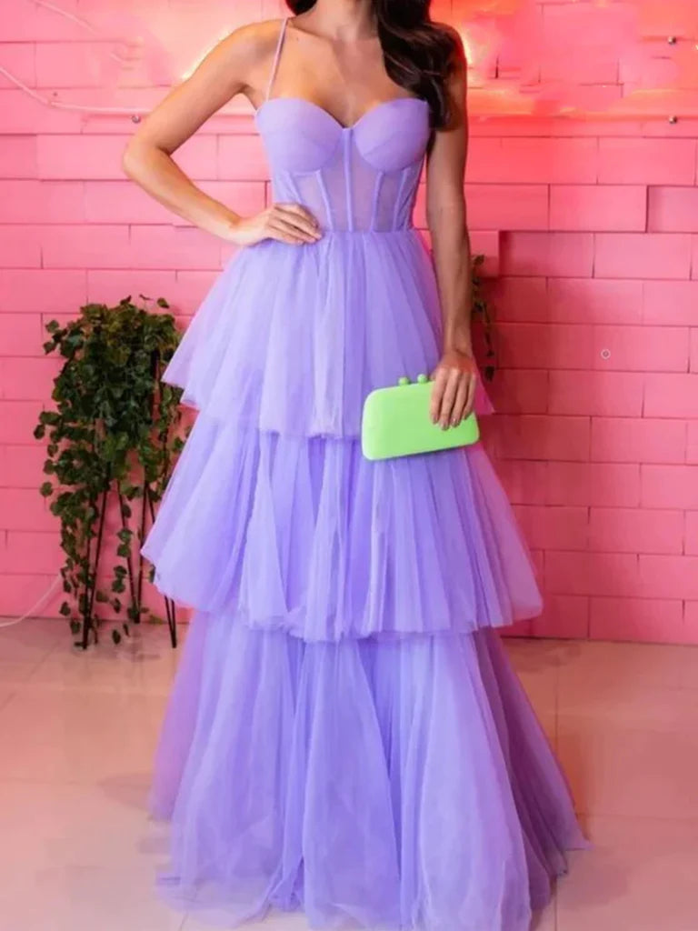 Sweetheart Neck Open Back Layered Purple Tulle Long Prom Dresses, Lavender Formal Dresses, Lilac Evening Dresses Cowl Neckline Elegant Sweetheart Neck Open Back Layered Purple Tulle Long Prom Dresses, Lavender Formal Dresses, Lilac Evening Dresses Cowl Neckline Elegant