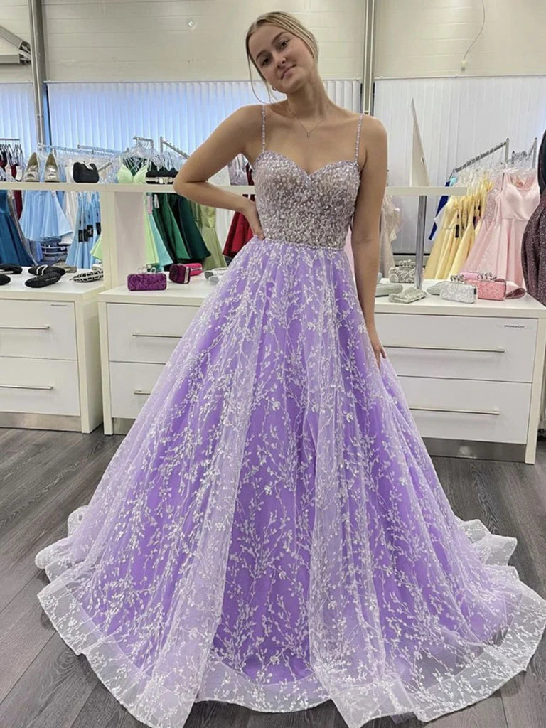 Sweetheart Neck Open Back Purple Lace Long Prom Dresses, Purple Lace Formal Evening Dresses sweetheart Neckline Romantic Sweetheart Neck Open Back Purple Lace Long Prom Dresses, Purple Lace Formal Evening Dresses sweetheart Neckline Romantic