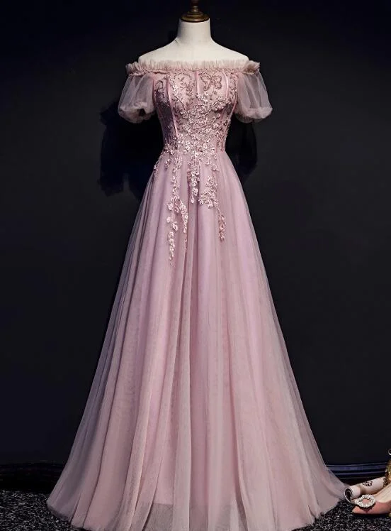 Unique Pink Off Shoulder with Lace Long Party Dress, Prom Gown Tunics Winter warm