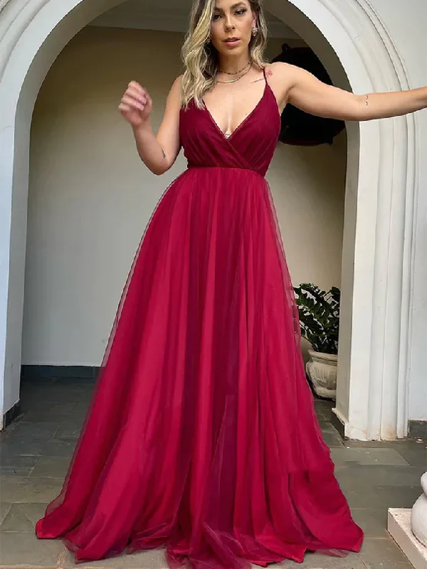 V Neck Backless Burgundy Tulle Long Prom Dresses, Open Back Maroon Formal Dresses, Burgundy Evening Dresses Off-the-shoulder Chic Trendy V Neck Backless Burgundy Tulle Long Prom Dresses, Open Back Maroon Formal Dresses, Burgundy Evening Dresses Off-the-shoulder Chic Trendy