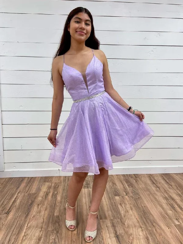 V Neck Backless Purple Tulle Prom Dresses with Belt, Backless Purple Homecoming Dresses, Short Lilac Formal Evening Dresses Tunics Summer linen V Neck Backless Purple Tulle Prom Dresses with Belt, Backless Purple Homecoming Dresses, Short Lilac Formal Evening Dresses Tunics Summer linen