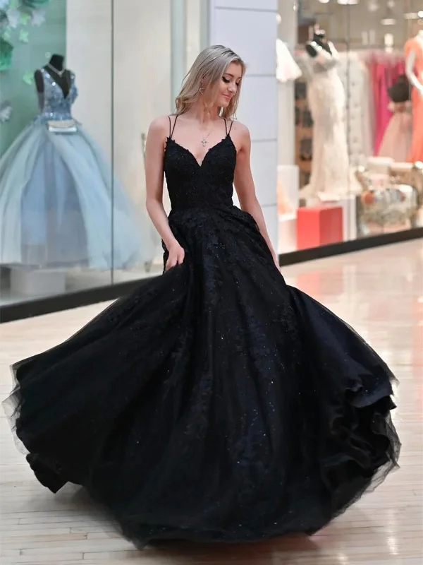 V Neck Black Tulle Lace Open Back Long Prom Dresses, A Line Backless Evening Party Dresses Tunics Occasion special V Neck Black Tulle Lace Open Back Long Prom Dresses, A Line Backless Evening Party Dresses Tunics Occasion special